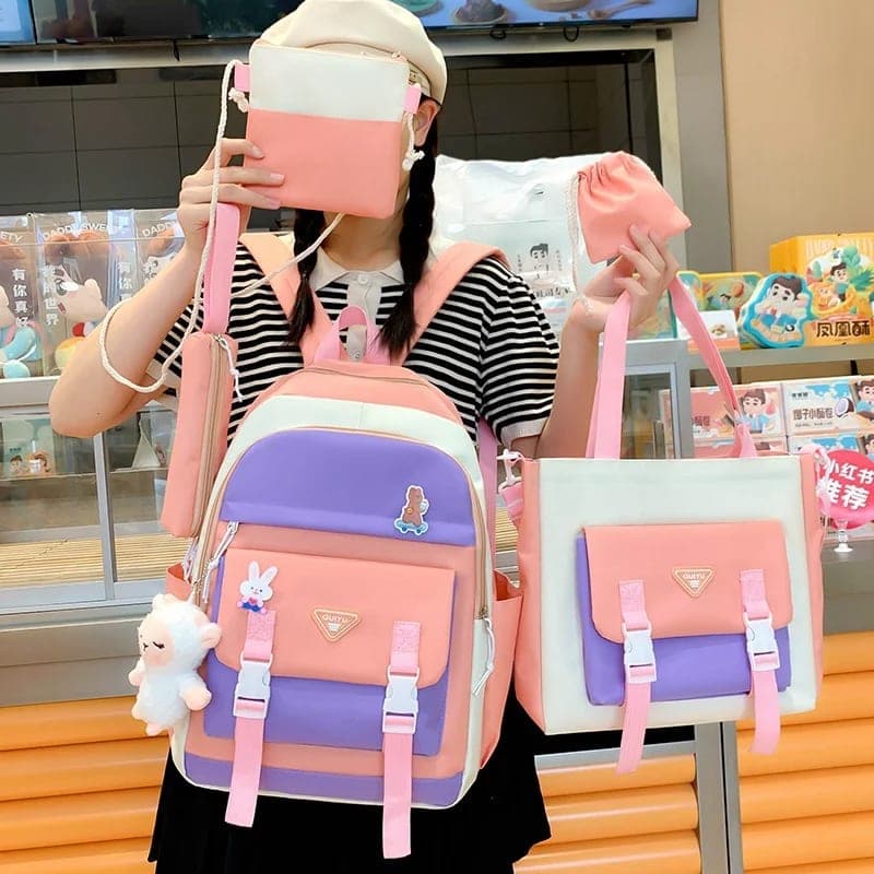 Ensemble de sacs d’école Kawai pour adolescents 5Pcs Guiyu V1 Rose – محفظة 5 قطع كاواي وردي