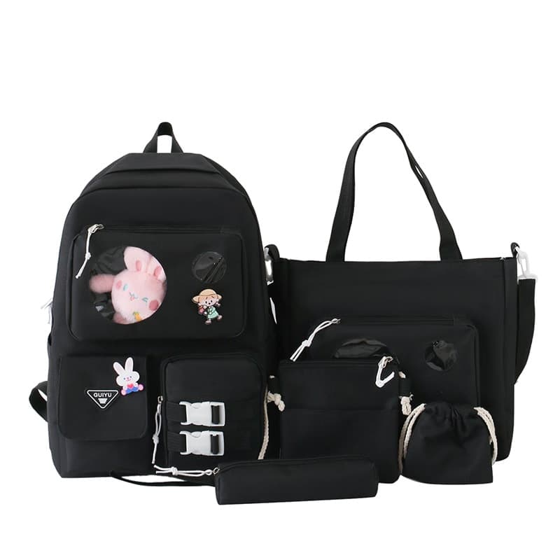 Ensemble de sacs d’école Kawai pour adolescents 5Pcs Guiyu V2 Noir – محفظة 5 قطع كاواي أسود