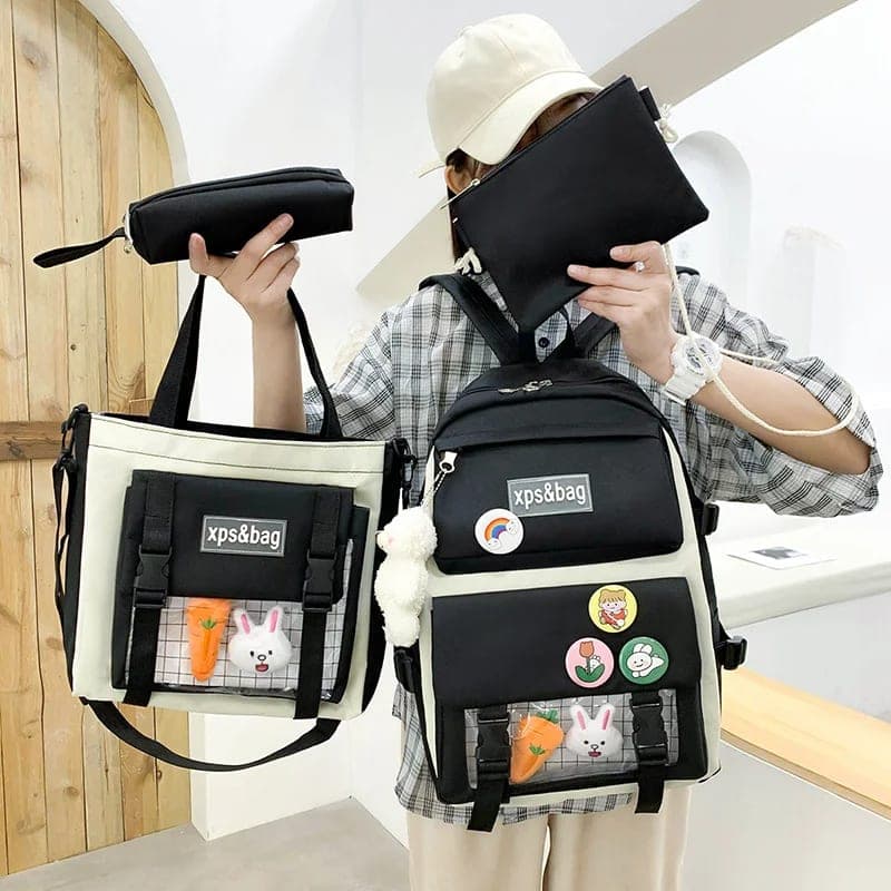 Ensemble de sacs d’école Kawai pour adolescents 4Pcs HAOLIDA V1 Noir – محفظة 4 قطع كاواي أسود