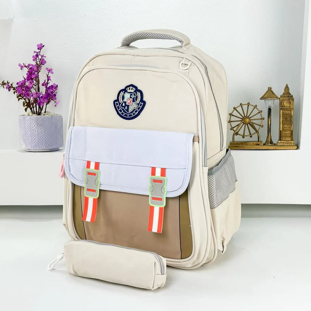 Sac à Dos pour Enfants avec Trousse Assortie KBAG Beige – حقيبة ظهر مدرسية للأطفال مع مقلمة بيج
