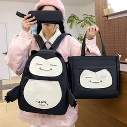 Ensemble de Sacs Snorlax 3Pcs Design Kawaii Noir – حقيبة مدرسية 3 قطع لون أسود 1
