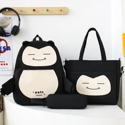 Ensemble de Sacs Snorlax 3Pcs Design Kawaii Noir – حقيبة مدرسية 3 قطع لون أسود 2