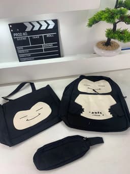 Ensemble de Sacs Snorlax 3Pcs Design Kawaii Noir – حقيبة مدرسية 3 قطع لون أسود 5
