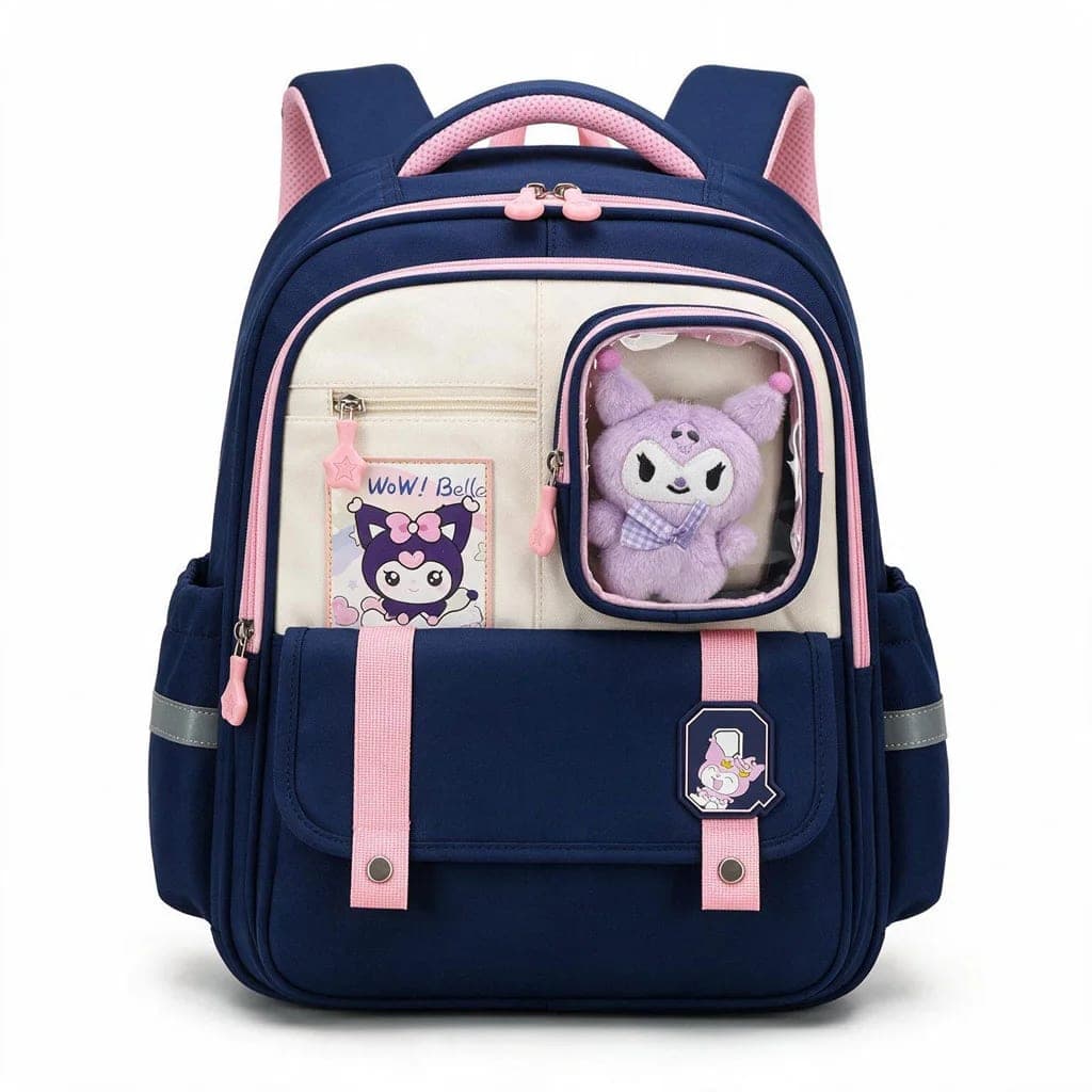 Sac à Dos Scolaire Style Kawaii Grand Volume avec Peluche Incluse Tissu Imperméable Bleu et Rose SACKDS04BLF - حقيبة مدرسية بتصميم كاوايي
