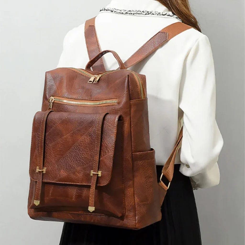 Sac à dos rétro en cuir synthétique pour femme marron - حقيبة ظهر نسائية من الجلد
