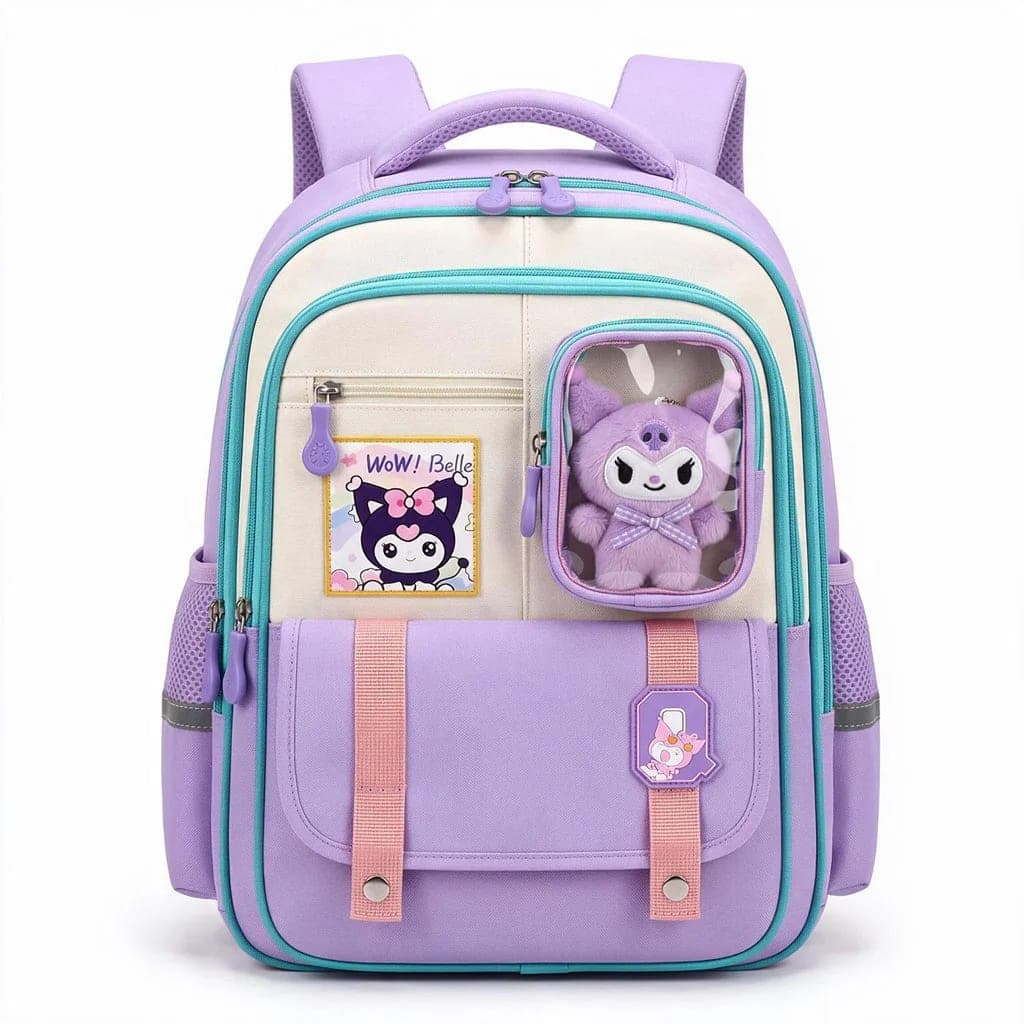 Sac à Dos Scolaire Style Kawaii Grand Volume avec Peluche Incluse Tissu Imperméable Mauve SACKDS04MV - حقيبة مدرسية بتصميم كاوايي