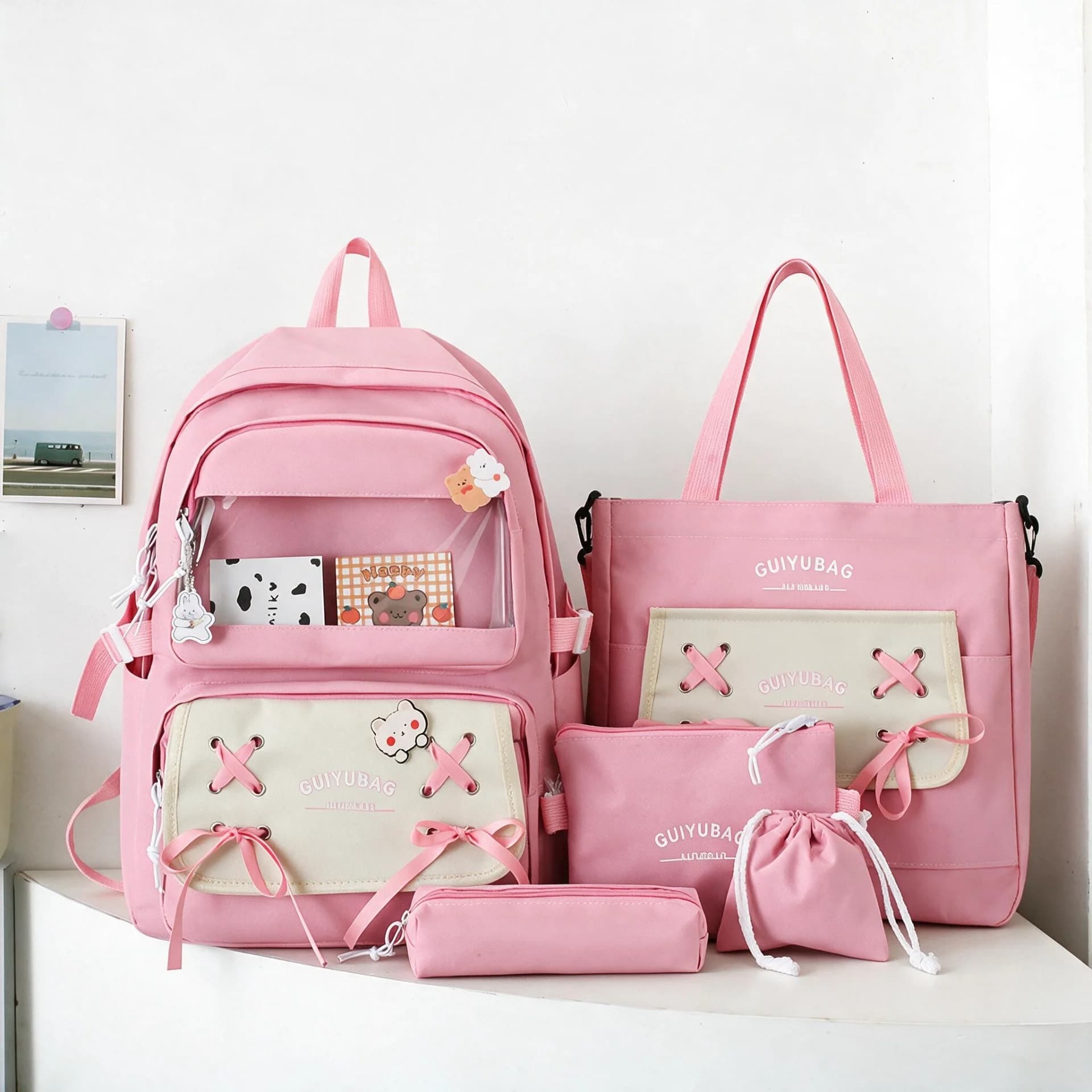 Sac à Dos Multifonctionnel Kawaii Grand Volume Imperméable et Résistant 5Pcs Rose SACKDS11RS - حقيبة ظهر بعدة قطع بتصميم كاوايي