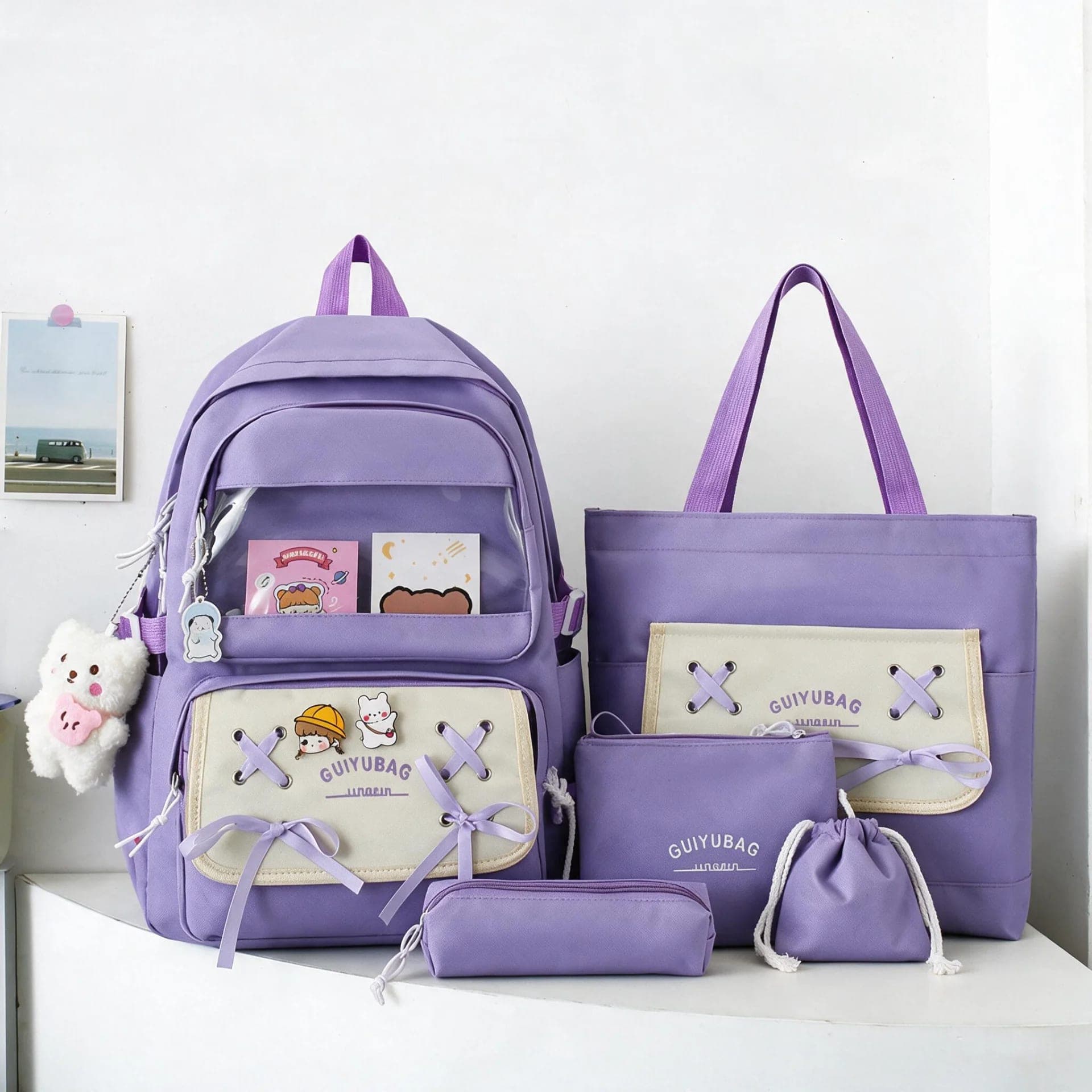 Sac à Dos Multifonctionnel Kawaii Grand Volume Imperméable et Résistant 5Pcs Mauve SACKDS11MV - حقيبة ظهر بعدة قطع بتصميم كاوايي