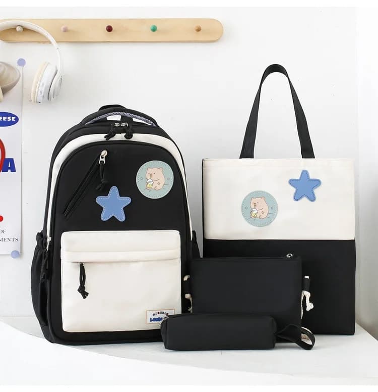 Sac à Dos Multifonctionnel Kawaii Grand Volume Imperméable et Résistant 4Pcs Noir SACKDS02N - حقيبة ظهر بعدة قطع بتصميم كاوايي