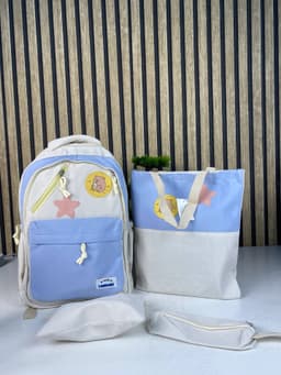 Sac à Dos Multifonctionnel Kawaii Grand Volume Imperméable et Résistant 4Pcs Bleu et Beige SACKDS02B - حقيبة ظهر بعدة قطع بتصميم كاوايي 4