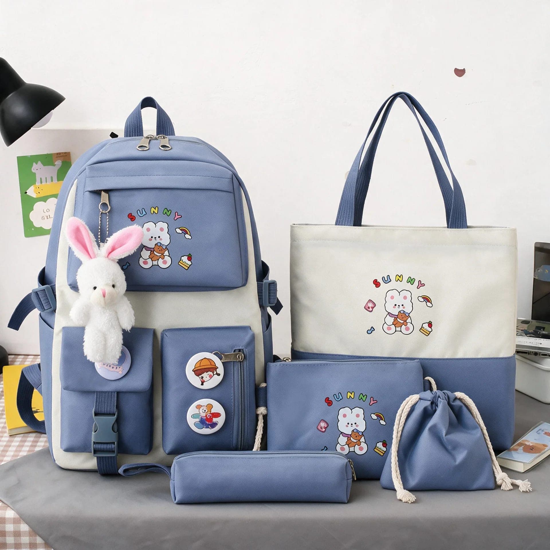 Sac à Dos Multifonctionnel Kawaii Grand Volume Imperméable et Résistant 5Pcs Bleu SACKDS15BL - حقيبة ظهر بعدة قطع بتصميم كاوايي