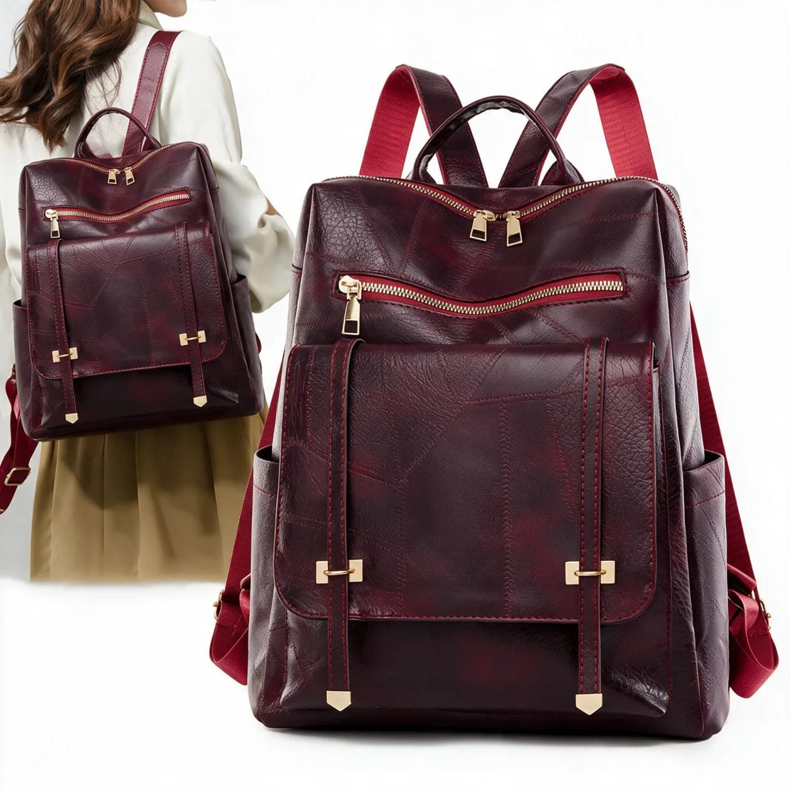 Sac à dos rétro en cuir synthétique pour femme Grenat - حقيبة ظهر نسائية من الجلد