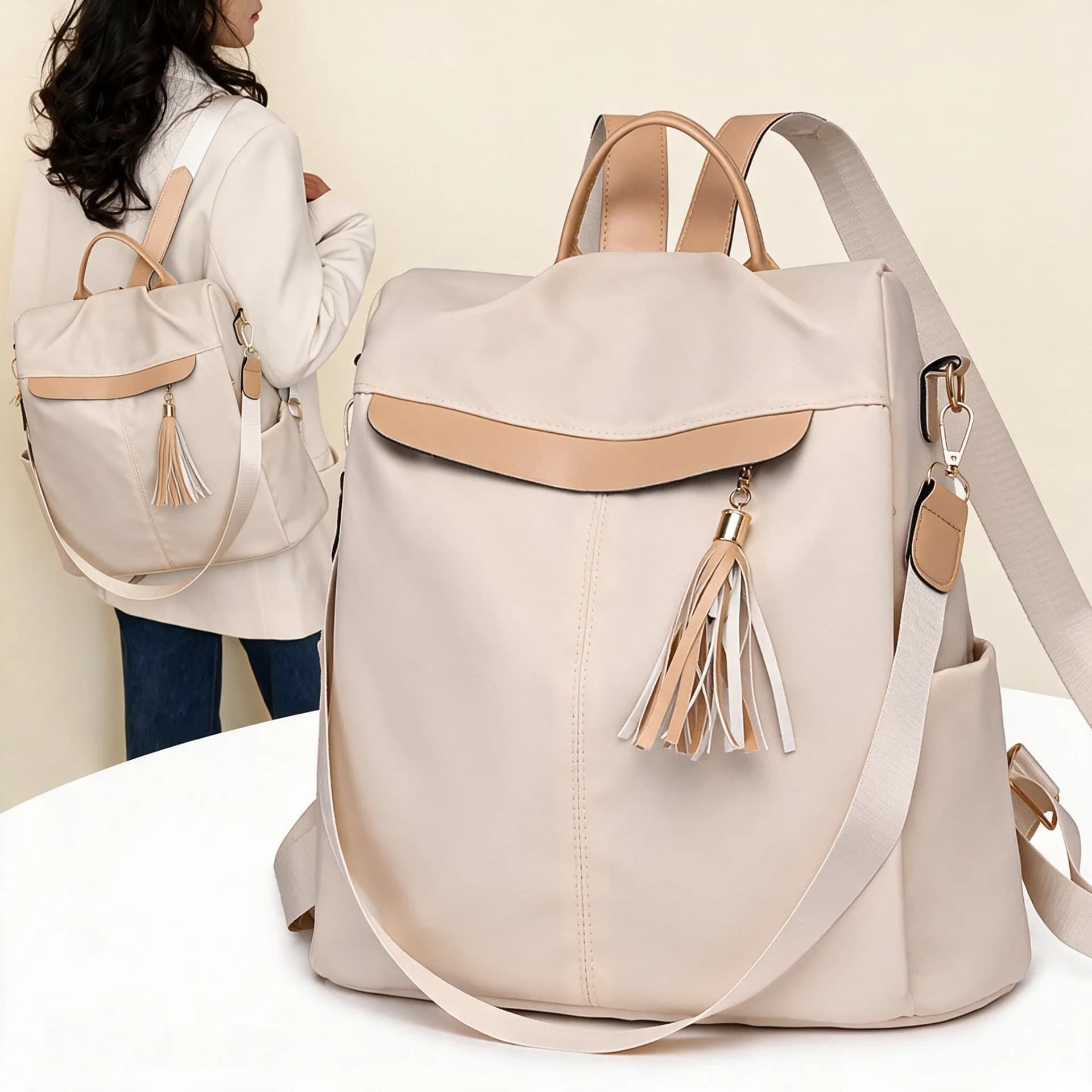 Sac à Dos Femme Élégant et Tendance Style Chic Couleur Beige SACKDS26BG - حقيبة ظهر نسائية عصرية بتصميم أنيق متعددة الاستخدامات