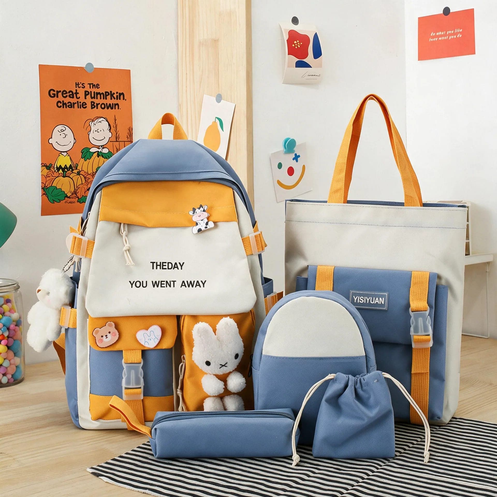Sac à Dos Multifonctionnel Kawaii Grand Volume Imperméable et Résistant 5Pcs Bleu SACKDS25BL - حقيبة ظهر بعدة قطع بتصميم كاوايي