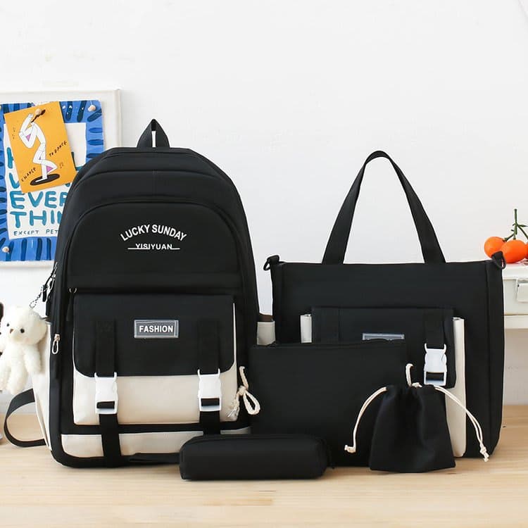 Ensemble de sacs à dos Kawai pour adolescents 5Pcs YISIYUAN V2 Noir et Blanc – محفظة 5 قطع كاواي للبنات