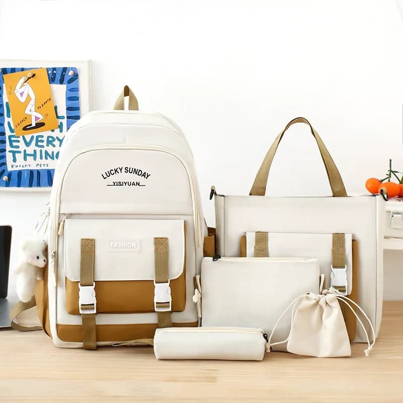 Ensemble de sacs à dos Kawai pour adolescents 5Pcs YISIYUAN V2 Beige – محفظة 5 قطع كاواي للبنات