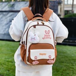 Sac à Dos Scolaire Motif Lapin Happy Easter Ergonomique Tissu Imperméable Orange SACKDS31ORG - حقيبة ظهر مدرسية وعصرية بتصميم الأرنب اللطيف  2
