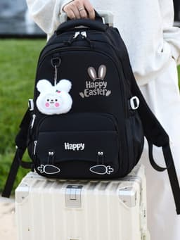  Sac à Dos Scolaire Motif Lapin Happy Easter Ergonomique Tissu Imperméable Noir SACKDS31N - حقيبة ظهر مدرسية وعصرية بتصميم الأرنب اللطيف  1