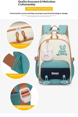  Sac à Dos Scolaire Motif Lapin Happy Easter Ergonomique Tissu Imperméable Vert SACKDS31V - حقيبة ظهر مدرسية وعصرية بتصميم الأرنب اللطيف  2