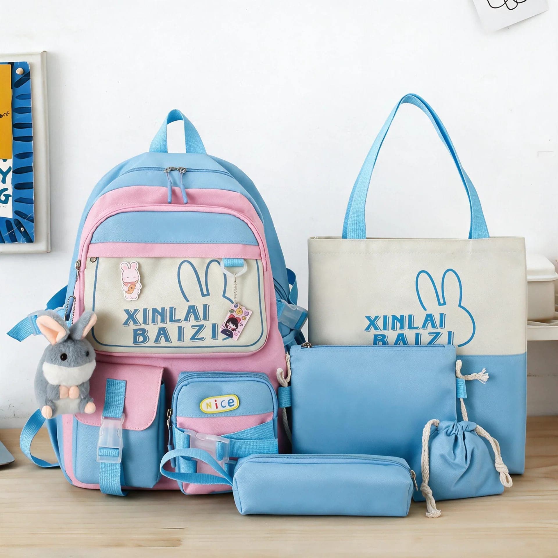 Sac à Dos Multifonctionnel Kawaii Grand Volume Imperméable et Résistant 5Pcs Bleu et Rose SACKDS29BRS - حقيبة ظهر بعدة قطع بتصميم كاوايي