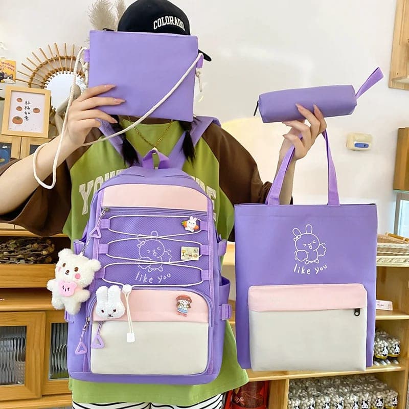                   Sac à Dos Multifonctionnel Kawaii Grand Volume Imperméable et Résistant 5Pcs Mauve SACKDS33MV - حقيبة ظهر بعدة قطع بتصميم كاوايي
