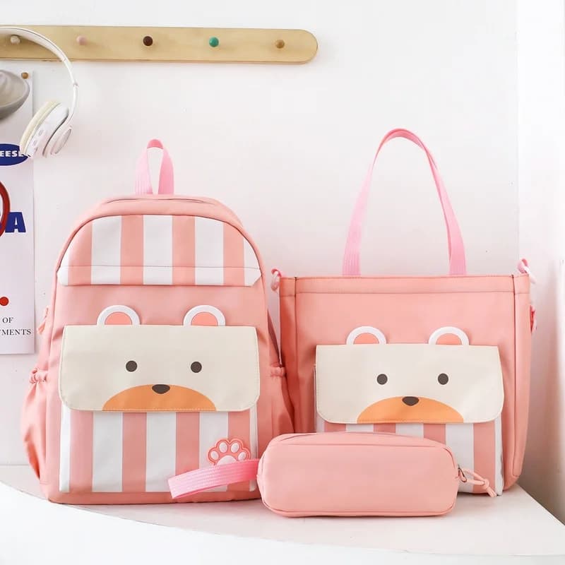 Ensemble de sacs d’école Kawai pour adolescents 3Pcs Ours Rose – محفظة 3 قطع كاواي وردي