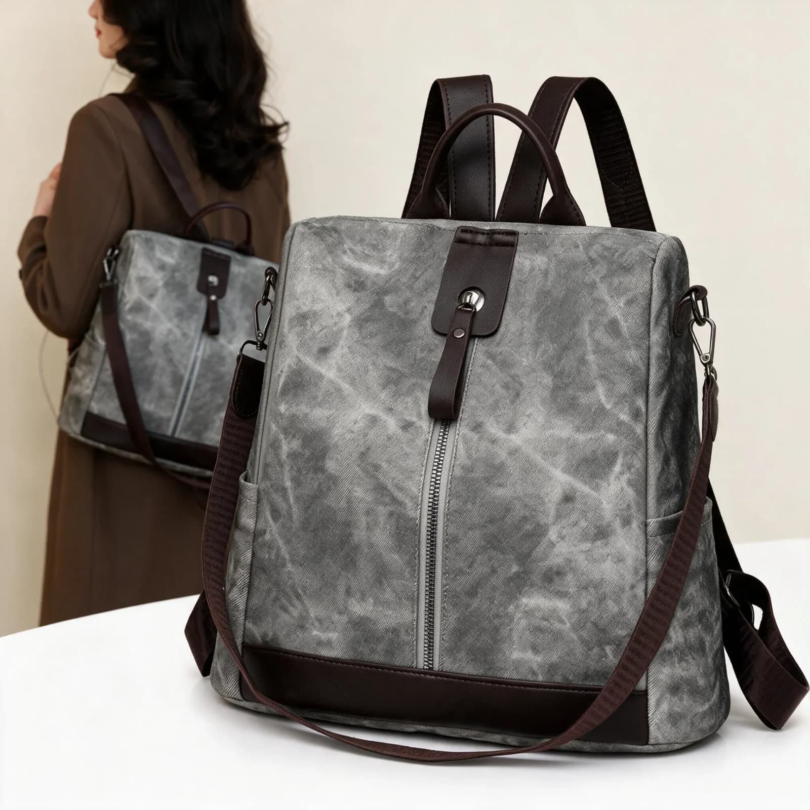 Sac à Dos Femme Antivol en Tissu Vintage avec Fermeture Arrière SACKDS39GR - حقيبة ظهر نسائية كاجوال متعددة الاستخدامات
